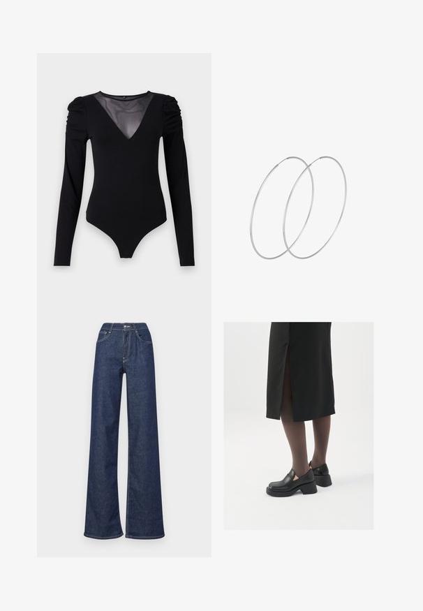 Musta body, jossa on pitkät hihat, verkko V-aukko ja rypytetty olkapäädetalji. Silkkinen kangas, joka muotoilee vartalon.; Tummansiniset leveälahkeiset farkut, joissa on korkea vyötärö, etutaskut, näkyvät ompeleet ja siisti viimeistely lahkeiden helmassa.; Mustat nahkakengät pyöreällä kärjellä, paksulla lohkopohjalla ja joustavilla sivuakkesseilla, yhdistettynä tummiin sukkahousuihin ja mustaan hameeseen, jossa on halkio.; Hopehope hopeilla, joissa on minimalistinen muotoilu. Pyöreä muoto, sileä pinta ja ohut profiili. Kevyet ja kiillotetut.