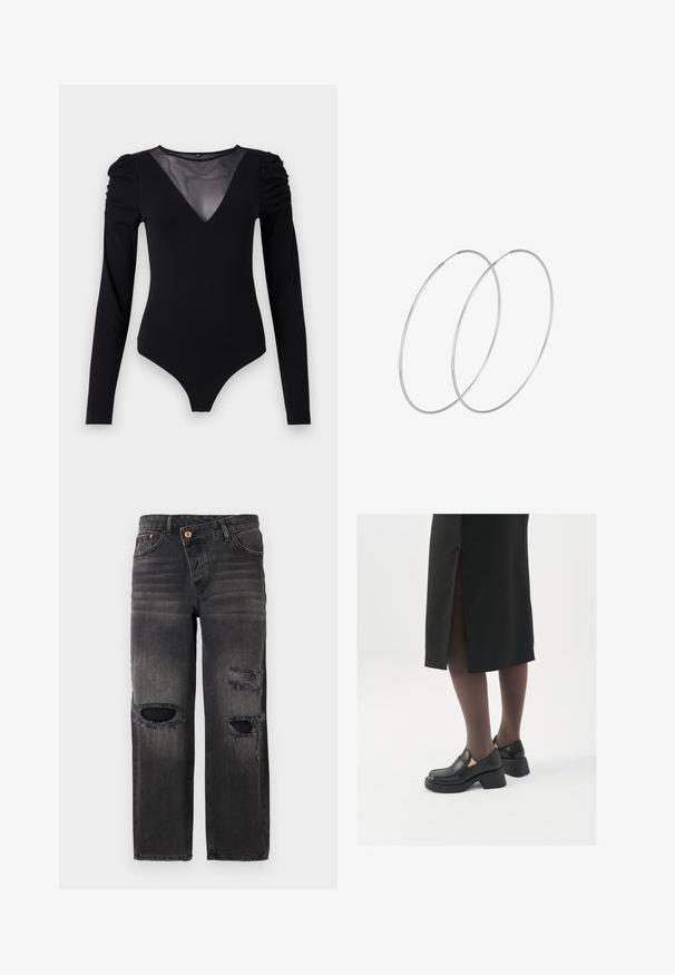 Čierny body s dlhými rukávmi, s rezom do V z priesvitnej látky a zhromaždením na pleciach. Hladká tkanina s priliehavým strihom.; Čierne rifľové nohavice s rovný strihom, vybavené dvoma roztrhnutými kolenami, miernym vyblednutím a oranžovými kovovými doplnkami.; Čierne kožené topánky s okrúhlou špičkou, silným blokovým opätkom a elastickými bočnými akcentmi, skombinované s tmavými pančuchami a čiernou sukňou so štiepením.; Strieborné kruhové náušnice s minimalistickým dizajnom. Cirkulárny tvar, hladký povrch a tenký profil. Ľahké s lesklým povrchom.
