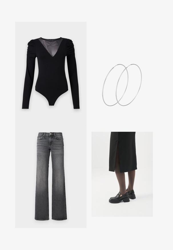 Juodas bodis su ilgomis rankovėmis, turintis tinklinį V formos iškirpimą ir sutrauktą peties detalę. Lygus audinys su prigludusia forma.; Tiesios kojos tamsiai pilki džinsai su nežymiu išblukimu ant šlaunų ir standartiniu penkių kišenių dizainu ant balto fono.; Juodos odinės bateliai su apvaliu nosiu, stora blokine pakulne ir elastingais šonais, derinami su tamsiomis pėdkelnėmis ir juoda sijonu su plyšiu.; Sidabrinės pusmėnulio auskarai minimalistiniu dizainu. Apskritimo forma, lygus paviršius ir plonas profilis. Lengvi su poliruotu apdailu.