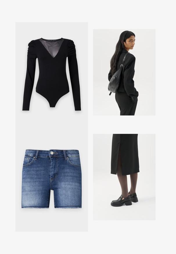 Črno bodi s dolgimi rokavi, z mrežastim V-izrezom in nabranimi rameni. Gladek material z oblikovanim krojem.; Jeanske kratke hlače v srednje modri pranju s ravnim krojem. Imajo zbledela območja, sprednji žep in nenatančno obrobljen rob na dnu.; Črne usnjene čevlje s zaobljenim prstom, debelim blokastim petama in elastičnimi stranskimi detajli, v kombinaciji s temno nogavicami in črno krilo z razporkom.; Ženska z dolgimi temnimi lasmi, oblečena v črn kostim, nosi črno usnjeno torbo čez ramo in se ozira čez ramo proti beli podlagi.; Srebrne uhane v obliki obroča z minimalističnim dizajnom. Krožna oblika, gladka tekstura in tanek profil. Lahki s poliranim zaključkom.