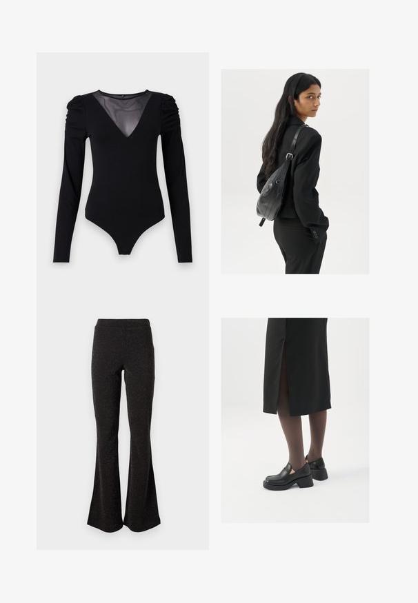 Čierny body s dlhými rukávmi, s rezom do V z priesvitnej látky a zhromaždením na pleciach. Hladká tkanina s priliehavým strihom.; Čierne rozšírené nohavice vyrobené z trblietavého materiálu. Majú široký pás a hladkú textúru s rozšírením od kolena po lem.; Čierne kožené topánky s okrúhlou špičkou, silným blokovým opätkom a elastickými bočnými akcentmi, skombinované s tmavými pančuchami a čiernou sukňou so štiepením.; Žena s dlhými tmavými vlasmi, oblečená v čiernom obleku, nesúca čiernu koženú kabelku na ramene, pozerajúca cez rameno na bielom pozadí.; Strieborné kruhové náušnice s minimalistickým dizajnom. Cirkulárny tvar, hladký povrch a tenký profil. Ľahké s lesklým povrchom.