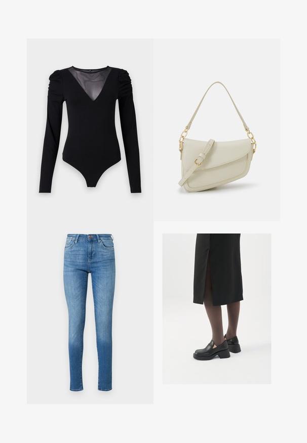 Crni bodysuit dugih rukava s mrežastim V-izrezom i naborima na ramenima. Glatka tkanina s prilagođenim oblikom.; Mršave traperice u srednje plavoj boji. Visok struk, dizajn s pet džepova, s diskretnim izbljeđivanjem. Akcenti šivanja na šavovima i rubu.; Crne kožne cipele s zaobljenim vrhom, debelim blok petama i elastičnim bočnim detaljima, uparene s tamnim čarapama i crnom suknjom s prorezom.; Mala krem torbica s teksturiranim finišom, dugačkim podesivim remenom, lančanim detaljem i preklopom. Zlaćani hardver.