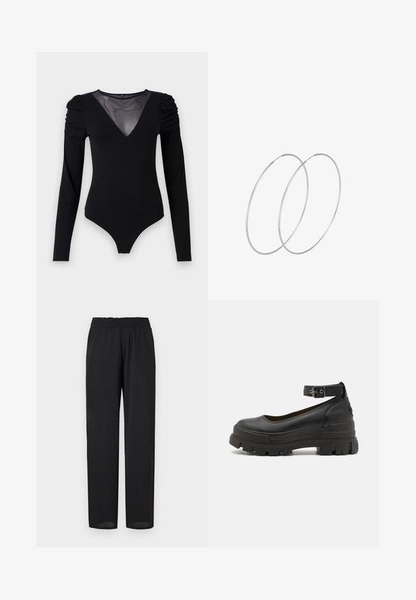Crni bodysuit dugih rukava s mrežastim V-izrezom i naborima na ramenima. Glatka tkanina s prilagođenim oblikom.; Crne, lagane hlače s opuštenim krojem, koje imaju elastičnu stražnju traku i glatku teksturu. Ravne nogavice se blago sužavaju na rubu.; Buffalo ASPHA - Cipele na petu s platformom - black; Srebrne okrugle naušnice s minimalističkim dizajnom. Kružni oblik, glatka tekstura i tanak profil. Lagane s poliranim završetkom.