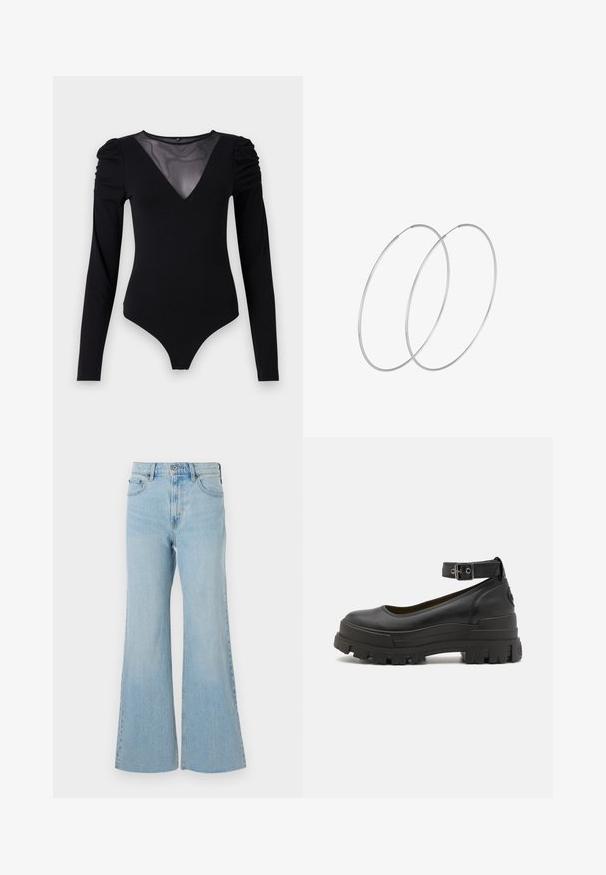 Czarny body z długimi rękawami, z siateczkowym dekoltem w kształcie litery V oraz marszczonym detalem na ramionach. Gładki materiał o dopasowanym kroju.; Jasnoniebieskie dżinsy dzwony z wysokim stanem, z klasycznym zapięciem na guzik i zamek błyskawiczny, oraz delikatnym wyblaknięciem na całej tkaninie.; Buffalo ASPHA czarny; Srebrne kolczyki w formie obręczy o minimalistycznym designie. Okrągły kształt, gładka faktura i cienki profil. Lekkie, z polerowanym wykończeniem.