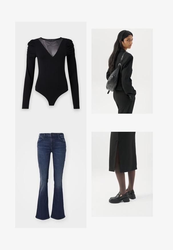 Black bodysuit with long sleeves, featuring a mesh V-neckline and gathered shoulder detail. Smooth fabric with a fitted shape.; Dark blue flared jeans made from denim, featuring a fitted waist, five-pocket design, and slight fading for texture at the thighs and knees.; Black leather shoes with a rounded toe, thick block heel, and elastic side accents, paired with dark tights and a black skirt with a slit.; Woman with long dark hair wearing a black suit, carrying a black leather shoulder bag, looking over her shoulder against a white background.; Silver hoop earrings with a minimalist design. Circular shape, smooth texture, and thin profile. Lightweight with a polished finish.