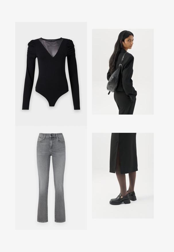Čierny body s dlhými rukávmi, s rezom do V z priesvitnej látky a zhromaždením na pleciach. Hladká tkanina s priliehavým strihom.; Sivé riflové nohavice s priliehavým pásom, s jemným vyblednutím a so širokými nohavicami. Obsahujú päť vreciek so zipsom a gombíkovým zapínaním.; Čierne kožené topánky s okrúhlou špičkou, silným blokovým opätkom a elastickými bočnými akcentmi, skombinované s tmavými pančuchami a čiernou sukňou so štiepením.; Žena s dlhými tmavými vlasmi, oblečená v čiernom obleku, nesúca čiernu koženú kabelku na ramene, pozerajúca cez rameno na bielom pozadí.; Strieborné kruhové náušnice s minimalistickým dizajnom. Cirkulárny tvar, hladký povrch a tenký profil. Ľahké s lesklým povrchom.