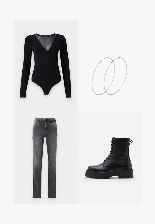 Crni bodysuit dugih rukava s mrežastim V-izrezom i naborima na ramenima. Glatka tkanina s prilagođenim oblikom.; Sive uske traperice slim-fit kroja s blagim izbjeljivanjem na bedrima i koljenima, koje sadrže prednje i stražnje džepove, petlje za remen i kopčanje na gumb.; Crne kožne gležnjače s okruglim vrhom, vezanjem sprijeda i debelim gumenim potplatom s teksturiranim uzorkom. Tipa: traka za vuču na stražnjoj strani.; Srebrne okrugle naušnice s minimalističkim dizajnom. Kružni oblik, glatka tekstura i tanak profil. Lagane s poliranim završetkom.