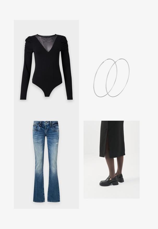 Svart bodysuit med långa ärmar, med en mesh V-ringning och skräddarsydd axeldetalj. Slät tyg med en kroppsnära passform.; Blå denim flare jeans med blekta och slitna detaljer, framknapp och dragkedjestängning, samt femficksdesign.; Svarta läderskor med rund tå, tjock klack utan häl och elastiska sidodetaljer, kombinerat med mörka strumpbyxor och en svart kjol med slits.; Silverfärgade hoopörhängen med en minimalistisk design. Cirkulär form, slät yta och tunn profil. Lätta med en polerad finish.