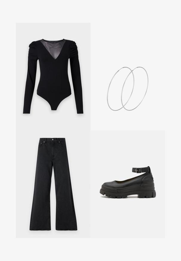 Crni bodysuit dugih rukava s mrežastim V-izrezom i naborima na ramenima. Glatka tkanina s prilagođenim oblikom.; Crni široki traperice napravljene od teksturiranog denima, s kopčanjem na gumb, petljama za remen i prednjim džepovima. Glatka površina s ležernim krojem.; Buffalo ASPHA - Cipele na petu s platformom - black; Srebrne okrugle naušnice s minimalističkim dizajnom. Kružni oblik, glatka tekstura i tanak profil. Lagane s poliranim završetkom.