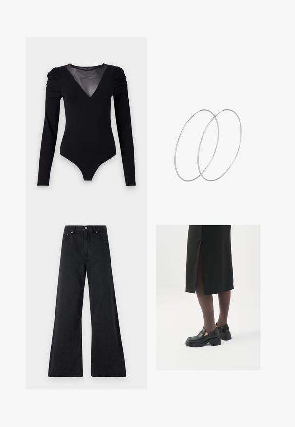 Svart bodysuit med långa ärmar, med en mesh V-ringning och skräddarsydd axeldetalj. Slät tyg med en kroppsnära passform.; Svarta vida jeans av texturerad denim, med knappstängning, bälteshällor och framfickor. Slät yta med lös passform.; Svarta läderskor med rund tå, tjock klack utan häl och elastiska sidodetaljer, kombinerat med mörka strumpbyxor och en svart kjol med slits.; Silverfärgade hoopörhängen med en minimalistisk design. Cirkulär form, slät yta och tunn profil. Lätta med en polerad finish.