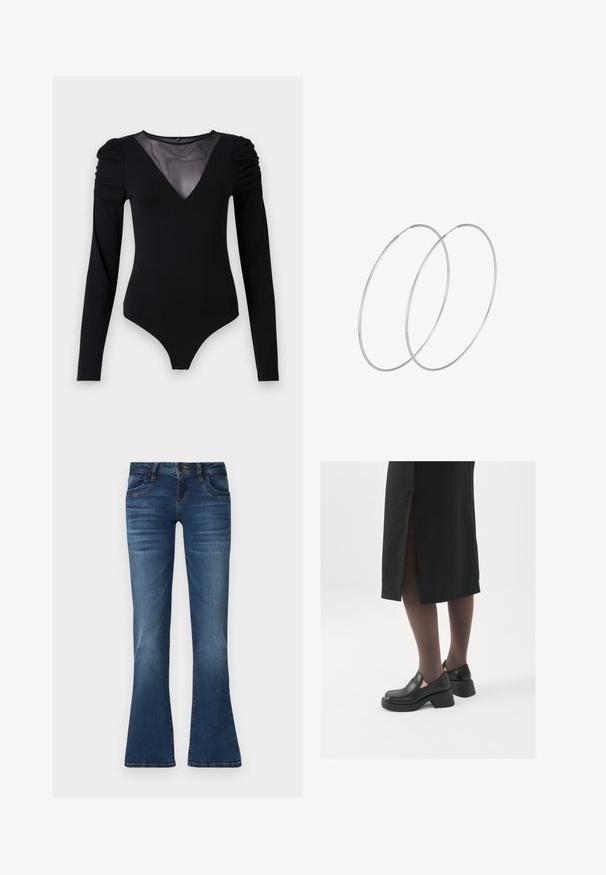 Musta body, jossa on pitkät hihat, verkko V-aukko ja rypytetty olkapäädetalji. Silkkinen kangas, joka muotoilee vartalon.; Siniset farkut, joissa on hieman levenevät lahkeet, etupainike, taskut ja hienovarainen haalistuminen reiden ja polvien alueella.; Mustat nahkakengät pyöreällä kärjellä, paksulla lohkopohjalla ja joustavilla sivuakkesseilla, yhdistettynä tummiin sukkahousuihin ja mustaan hameeseen, jossa on halkio.; Hopehope hopeilla, joissa on minimalistinen muotoilu. Pyöreä muoto, sileä pinta ja ohut profiili. Kevyet ja kiillotetut.