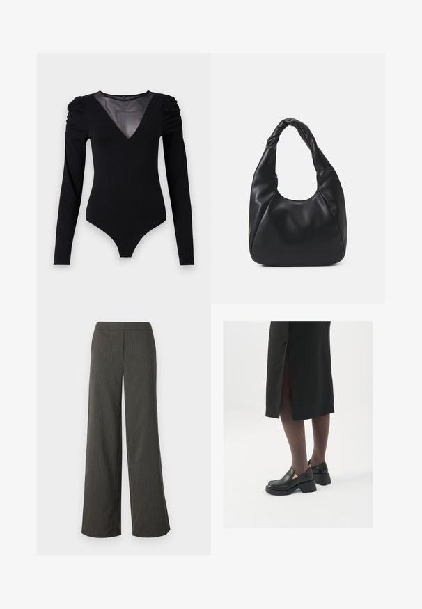Crni bodysuit dugih rukava s mrežastim V-izrezom i naborima na ramenima. Glatka tkanina s prilagođenim oblikom.; Široke hlače u tamno sivoj boji s vertikalnim prugastim uzorkom, sa glatkom teksturom i elastičnim pojasom za udobnost.; Crne kožne cipele s zaobljenim vrhom, debelim blok petama i elastičnim bočnim detaljima, uparene s tamnim čarapama i crnom suknjom s prorezom.; Crna torba hobo napravljena od glatkog materijala nalik koži s uvrnutom drškama, s mekim, zaobljenim oblikom i zatvaranjem na vrhu sa patentnim zatvaračem.; Srebrne okrugle naušnice s minimalističkim dizajnom. Kružni oblik, glatka tekstura i tanak profil. Lagane s poliranim završetkom.