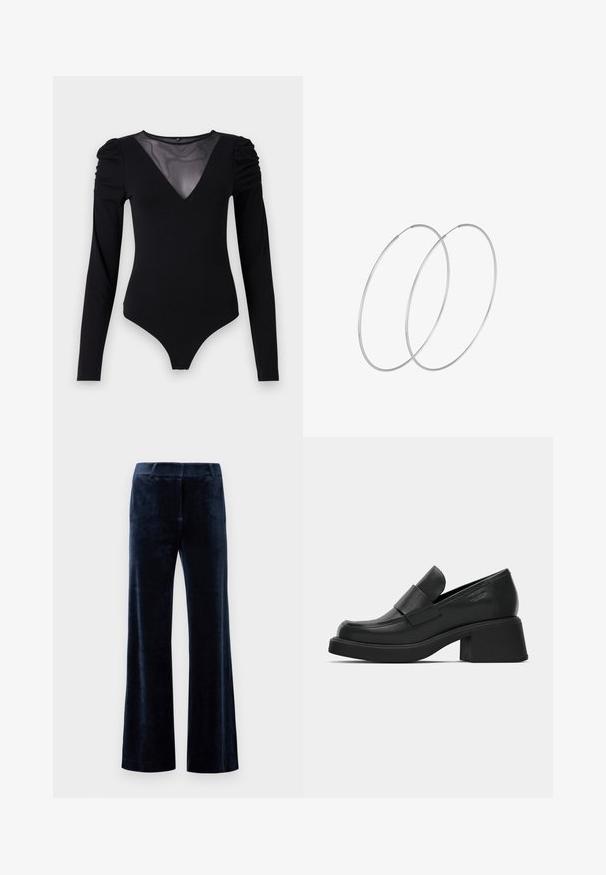 Bodysuit negro de manga larga, con un escote en V de malla y detalle fruncido en los hombros. Tejido suave con una forma ajustada.; Pantalones acampanados en azul marino, hechos de suave terciopelo. Presentan una textura lisa, cinturilla ajustada y bordes limpios. Sin hardware visible ni patrones.; Mocasines de plataforma de cuero negro con punta redondeada y una correa ancha en el empeine. Presentan un tacón cuadrado y grueso con un acabado suave.; Pendientes de aro plateados con un diseño minimalista. Forma circular, textura suave y perfil delgado. Livianos con un acabado pulido.