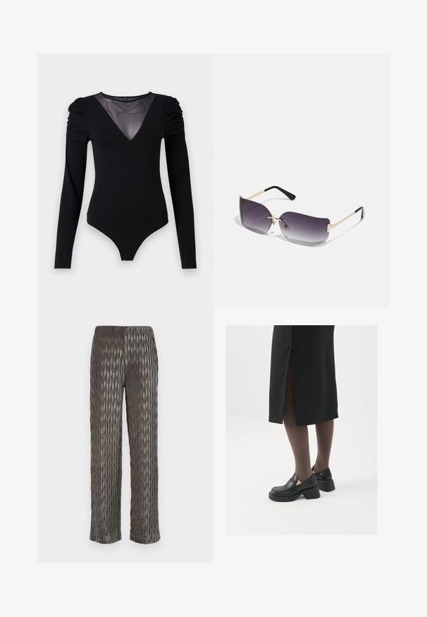 Bodysuit preto com mangas compridas, apresentando um decote em V em tecido de rede e detalhe de ombro franzido. Tecido suave com um corte ajustado.; Calças largas cinzentas pregueadas com um padrão texturizado em forma de diamante. Material macio, cintura elástica e comprimento curto.; Sapatos de couro pretos com bico arredondado, salto bloco grosso e detalhes elásticos laterais, combinados com meias escuras e uma saia preta com uma abertura.; Óculos de sol com lentes de gradiente cinza, armação de metal dourado e detalhes em plástico preto. Lentes em formato de borboleta únicas, com hastes finas.