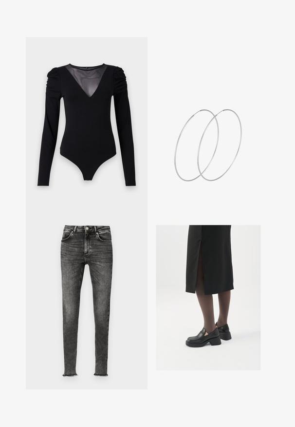 Bodysuit negro de manga larga, con un escote en V de malla y detalle fruncido en los hombros. Tejido suave con una forma ajustada.; Jeans skinny de mezclilla negra con un acabado desgastado. Presentan bolsillos frontales, cremallera y dobladillos deshilachados para un look casual.; Zapatos de piel negra con punta redondeada, tacón grueso y bloque, y acentos elásticos en los laterales, combinados con unos pantys oscuros y una falda negra con una abertura.; Pendientes de aro plateados con un diseño minimalista. Forma circular, textura suave y perfil delgado. Livianos con un acabado pulido.