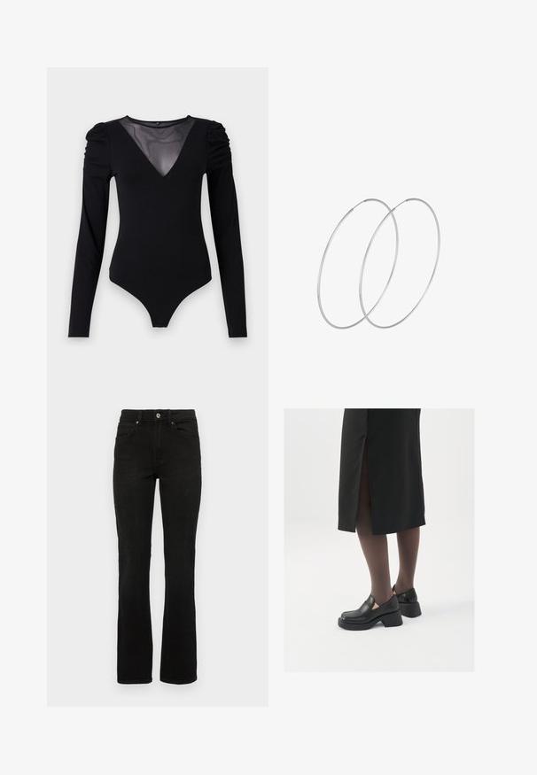 Črno bodi s dolgimi rokavi, z mrežastim V-izrezom in nabranimi rameni. Gladek material z oblikovanim krojem.; Črne kavbojske hlače z razširjenim nogavicom, srednje visokim pasom, petimi žepe in gumbom za zapiranje. Material ima gladko, trdno teksturo.; Črne usnjene čevlje s zaobljenim prstom, debelim blokastim petama in elastičnimi stranskimi detajli, v kombinaciji s temno nogavicami in črno krilo z razporkom.; Srebrne uhane v obliki obroča z minimalističnim dizajnom. Krožna oblika, gladka tekstura in tanek profil. Lahki s poliranim zaključkom.
