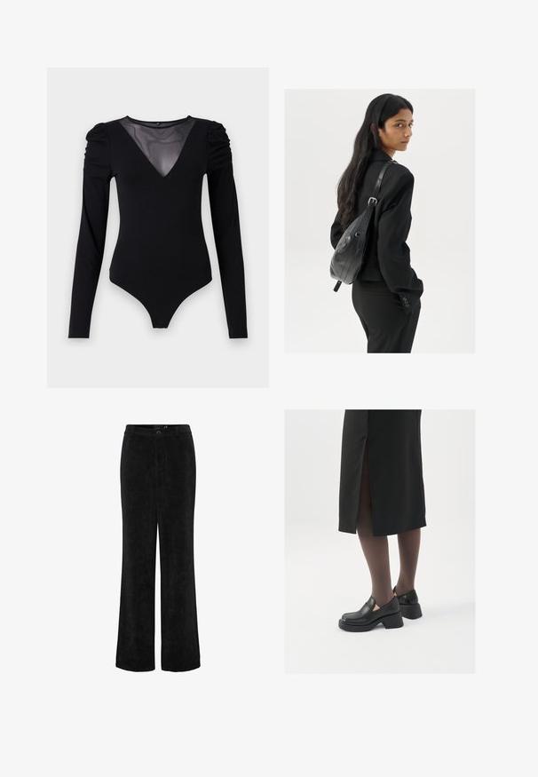 Melnā bodija ar garām piedurknēm, piedāvā ar caurspīdīgu V-veida kakla izgriezumu un savāktu plecu detaļu. Gluda auduma, ar pieguļošu formu.; Melnas velūra plaša kāju bikses ar teksturētu apdari, kas aprīkotas ar pogu aizdari un jostas cilpām. Klasiska taisna forma ar sānu kabatām.; Melni ādas apavi ar noapaļotu purngalu, biezām bloku papēžiem un elastīgiem sānu akcentiem, apvienoti ar tumšām zeķubiksēm un melnu svārku ar šķirbu.; Sieviete ar garām tumšām matiem, ģērbusies melnā uzvalkā, nēsā melnu ādas plecu somu un skatās pāri plecam uz balta fona.; Sudraba gredzenveida auskari ar minimālistisku dizainu. Cirkulāra forma, gluda tekstūra un plāns profils. Vieglu svaru ar spīdīgu apdari.