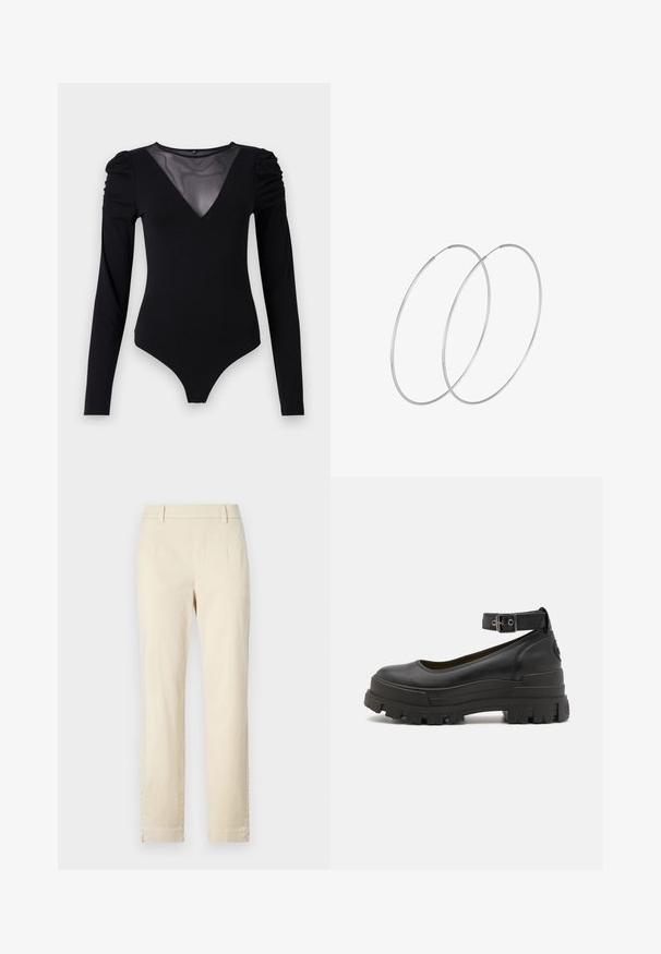 Crni bodysuit dugih rukava s mrežastim V-izrezom i naborima na ramenima. Glatka tkanina s prilagođenim oblikom.; Bež pamuk hlače s ravnim nogavicama, ravnim prednjim dijelom i diskretnim detaljima šavova. Nema vidljivih džepova ili metalnih dijelova.; Buffalo ASPHA - Cipele na petu s platformom - black; Srebrne okrugle naušnice s minimalističkim dizajnom. Kružni oblik, glatka tekstura i tanak profil. Lagane s poliranim završetkom.