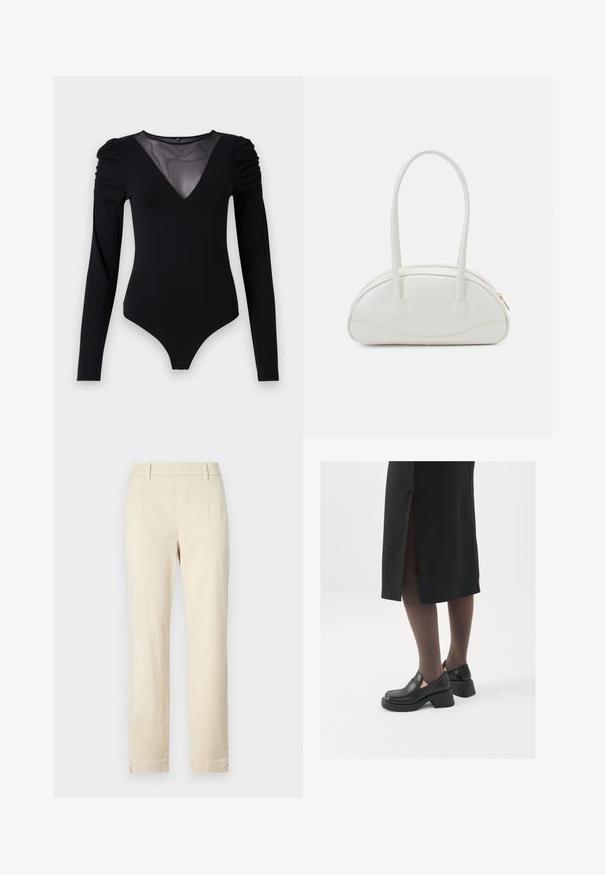 Musta body, jossa on pitkät hihat, verkko V-aukko ja rypytetty olkapäädetalji. Silkkinen kangas, joka muotoilee vartalon.; Kerman puuvillahousut suoran lahkeen designilla, litteällä etupuolella ja huomaamattomilla saumarivistyksillä. Ei näkyviä taskuja tai metalliosia.; Mustat nahkakengät pyöreällä kärjellä, paksulla lohkopohjalla ja joustavilla sivuakkesseilla, yhdistettynä tummiin sukkahousuihin ja mustaan hameeseen, jossa on halkio.; Even&Odd Käsilaukku - off-white; Hopehope hopeilla, joissa on minimalistinen muotoilu. Pyöreä muoto, sileä pinta ja ohut profiili. Kevyet ja kiillotetut.