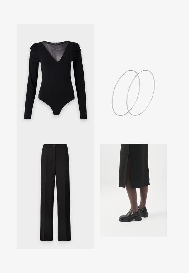 Čierny body s dlhými rukávmi, s rezom do V z priesvitnej látky a zhromaždením na pleciach. Hladká tkanina s priliehavým strihom.; Čierne nohavice s rovnými nohavicami, zapínanie na gombík, rovný predný diel a bez viditeľných vreciek. Hladká tkanina s prispôsobeným strihom.; Čierne kožené topánky s okrúhlou špičkou, silným blokovým opätkom a elastickými bočnými akcentmi, skombinované s tmavými pančuchami a čiernou sukňou so štiepením.; Strieborné kruhové náušnice s minimalistickým dizajnom. Cirkulárny tvar, hladký povrch a tenký profil. Ľahké s lesklým povrchom.