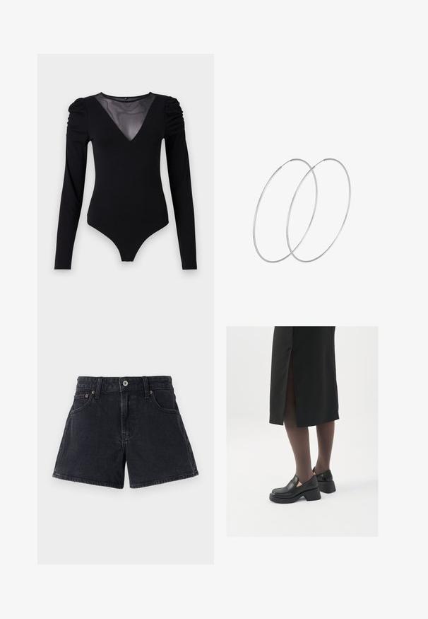 Melnā bodija ar garām piedurknēm, piedāvā ar caurspīdīgu V-veida kakla izgriezumu un savāktu plecu detaļu. Gluda auduma, ar pieguļošu formu.; Melnas džinsos īsās bikses ar klasisku griezumu, piecām kabatām, metāla pogas aizdari un tonālu šuvumu. Audumam ir nedaudz teksturēta virsma.; Melni ādas apavi ar noapaļotu purngalu, biezām bloku papēžiem un elastīgiem sānu akcentiem, apvienoti ar tumšām zeķubiksēm un melnu svārku ar šķirbu.; Sudraba gredzenveida auskari ar minimālistisku dizainu. Cirkulāra forma, gluda tekstūra un plāns profils. Vieglu svaru ar spīdīgu apdari.