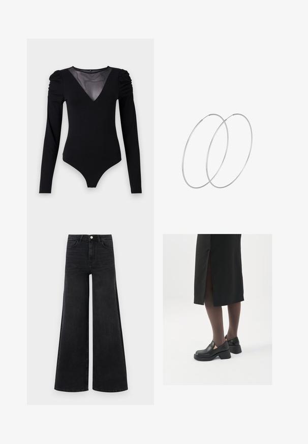 Juodas bodis su ilgomis rankovėmis, turintis tinklinį V formos iškirpimą ir sutrauktą peties detalę. Lygus audinys su prigludusia forma.; Juodi džinsai plačiomis kojomis, su aukštu liemeniu, penkiomis kišenėmis ir mygtuko uždarymu. Lygus paviršius su minimaliais išblukimais.; Juodos odinės bateliai su apvaliu nosiu, stora blokine pakulne ir elastingais šonais, derinami su tamsiomis pėdkelnėmis ir juoda sijonu su plyšiu.; Sidabrinės pusmėnulio auskarai minimalistiniu dizainu. Apskritimo forma, lygus paviršius ir plonas profilis. Lengvi su poliruotu apdailu.