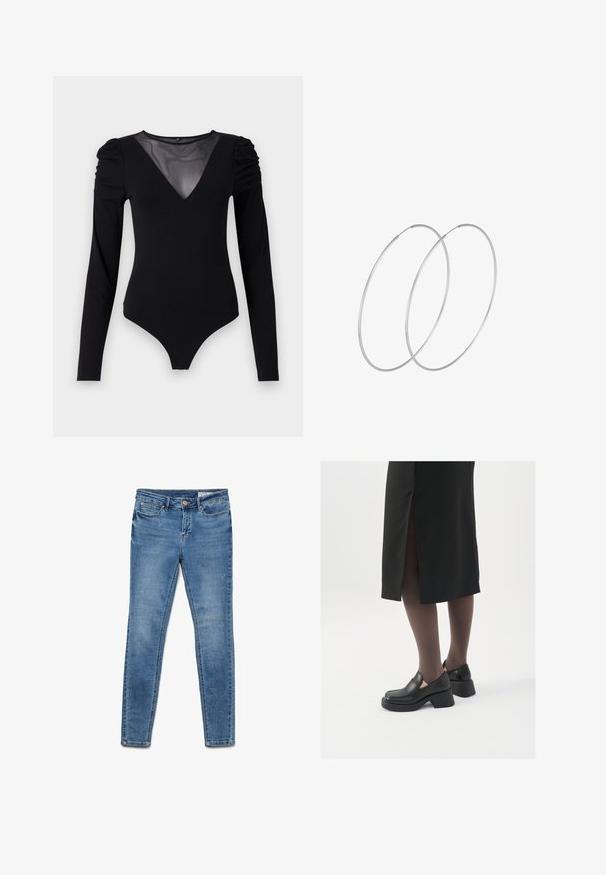 Juodas bodis su ilgomis rankovėmis, turintis tinklinį V formos iškirpimą ir sutrauktą peties detalę. Lygus audinys su prigludusia forma.; Lieknos džinsai, pagaminti iš šviesiai mėlynos spalvos džinsinio audinio, su penkiais kišenėmis, užtrauktuku ir subtiliomis abrazyvinių detalių pėdsakais.; Juodos odinės bateliai su apvaliu nosiu, stora blokine pakulne ir elastingais šonais, derinami su tamsiomis pėdkelnėmis ir juoda sijonu su plyšiu.; Sidabrinės pusmėnulio auskarai minimalistiniu dizainu. Apskritimo forma, lygus paviršius ir plonas profilis. Lengvi su poliruotu apdailu.