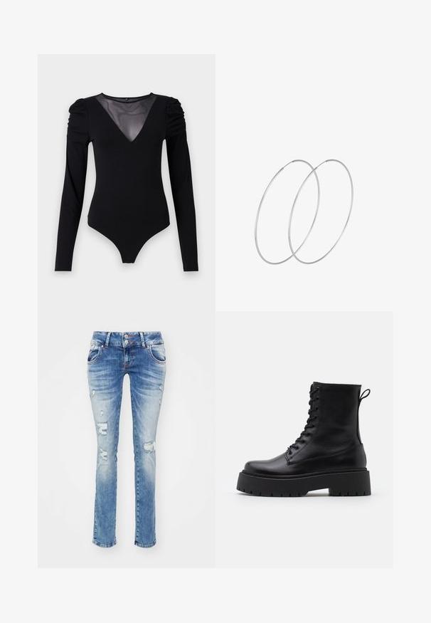 Črno bodi s dolgimi rokavi, z mrežastim V-izrezom in nabranimi rameni. Gladek material z oblikovanim krojem.; Svetlo modri kavbojki iz denima, z naravnim krojem nogavic, z oblikovanimi detajli in dvema gumboma na pasu.; Črne usnjene gležnjarje z okroglo konico, vezalnim sprednjim delom in debelim gumijastim podplatom z teksturiranim profilom. Zanka na hrbtni strani.; Srebrne uhane v obliki obroča z minimalističnim dizajnom. Krožna oblika, gladka tekstura in tanek profil. Lahki s poliranim zaključkom.
