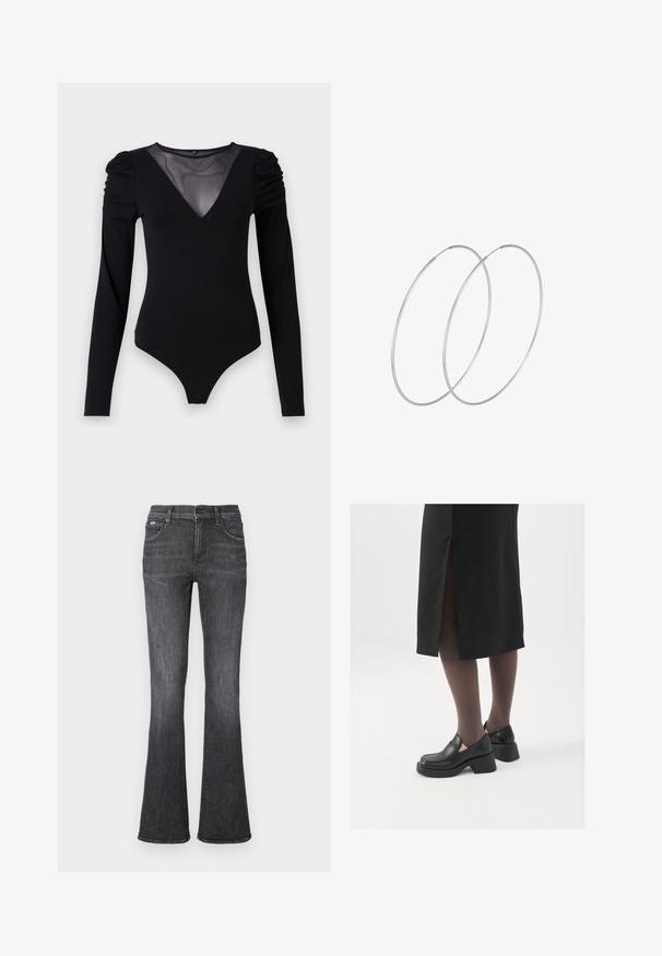 Zwarte bodysuit met lange mouwen, voorzien van een mesh V-halslijn en geplooide schouderdetails. Glad fabric met een aansluitende pasvorm.; Flared jeans in donkergrijze denim met een zachte textuur, vijf-pocket ontwerp en een knoopsluiting bij de taille.; Zwarte leren schoenen met een ronde neus, dikke blokhak en elastische zijkanten, gecombineerd met donkere panty's en een zwarte rok met een split.; Zilveren hoepel oorbellen met een minimalistisch ontwerp. Cirkelvormig, gladde textuur en dun profiel. Lichtgewicht met een gepolijste afwerking.