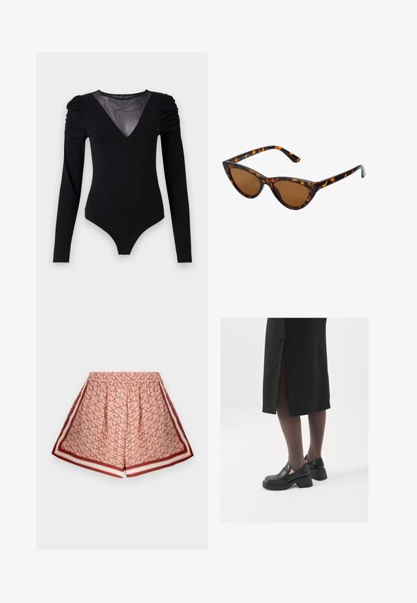 Černý body s dlouhými rukávy, vyznačující se síťovým výstřihem do V a nařasenými detaily na ramenech. Hladký materiál s přiléhavým střihem.; Tiskované šortky v světle růžové barvě s geometrickým vzorem. Mají elastický pas a kontrastní červené okraje. Měkká textura látky.; Černé kožené boty s kulatou špičkou, silným blokovým podpatkem a elastickými bočními akcenty, spárované s tmavými punčochami a černou sukní se rozparkem.; Sluneční brýle ve stylu kočičích očí s černo-oranžovým želvovinovým rámem, hnědými skly a elegantními, špičatými konci. Obsahují minimalistické logo na straně.; Stříbrné kruhové náušnice s minimalistickým designem. Kruh, hladký povrch a tenký profil. Lehká konstrukce s lesklým povrchem.