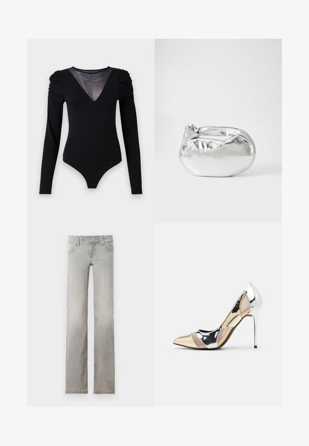 Black bodysuit with long sleeves, featuring a mesh V-neckline and gathered shoulder detail. Smooth fabric with a fitted shape.; Light grey jeans with a straight leg design, made of denim. Features two front pockets, a waistband with two buttons, and visible stitching.; Pointed-toe high heel shoe with a silver, gold, and nude color scheme. Glossy finish with cutout design, featuring a stiletto heel.; Silver metallic pouch bag with a soft, rounded shape and a knotted top closure. Made from smooth faux leather material.; Silver hoop earrings with a minimalist design. Circular shape, smooth texture, and thin profile. Lightweight with a polished finish.