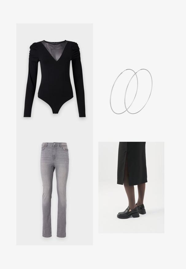 Musternahkade pikkade varrukatega must bodi, millel on läbipaistev V-kujuline kaelus ja korraldatud õlavarre detail. Sile kangas, millel on vormiv kujundus.; Hallid denim püksid sirge jala lõikega, viie taskuga disain ja klassikaline nööbi ja tõmbluku sulgemine. Sile tekstuur kerge tuhmumisega.; Mustad mustad jalatsid ümmarguse varbaga, paksu plokkniidi ja elastsete külgdetailidega, kombineeritud tumedate sukkade ja musta lõhikuga seelikuga.; Hõbedased rõngastikkaehingad minimalistlikus disainis. Ümar kuju, sile tekstuur ja õhuke profiil. Kerged ning poleeritud viimistlusega.