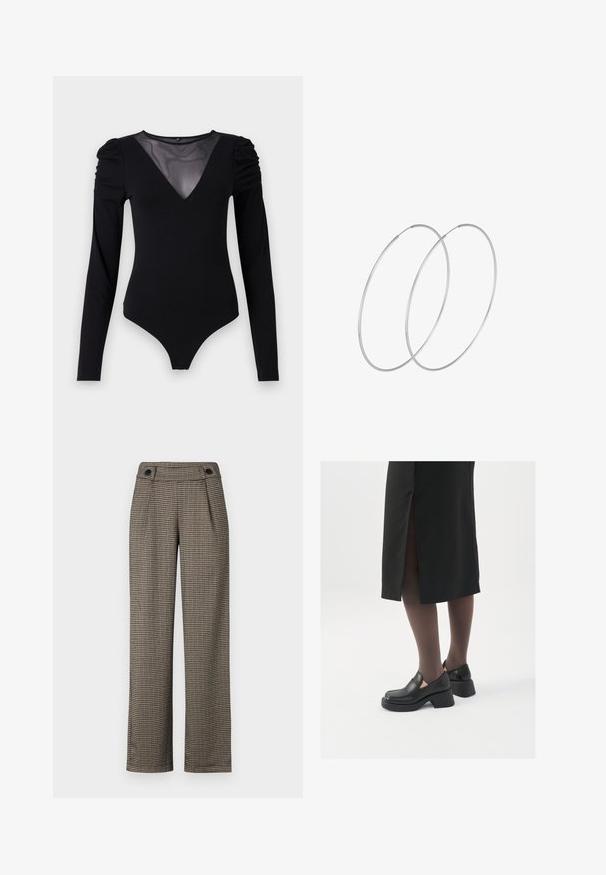 Zwarte bodysuit met lange mouwen, voorzien van een mesh V-halslijn en geplooide schouderdetails. Glad fabric met een aansluitende pasvorm.; Bruine broek met checkpatroon en hoge taille, voorzien van zijplooien en zwarte knoopaccenten. Gemaakt van een geweven stof met textuur.; Zwarte leren schoenen met een ronde neus, dikke blokhak en elastische zijkanten, gecombineerd met donkere panty's en een zwarte rok met een split.; Zilveren hoepel oorbellen met een minimalistisch ontwerp. Cirkelvormig, gladde textuur en dun profiel. Lichtgewicht met een gepolijste afwerking.
