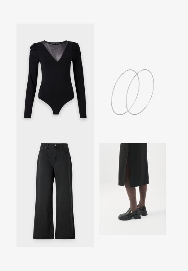 Black bodysuit with long sleeves, featuring a mesh V-neckline and gathered shoulder detail. Smooth fabric with a fitted shape.; Black wide-leg jeans made of denim, featuring a high waist, front button closure, and subtle texture. Clean design with no visible patterns.; Black leather shoes with a rounded toe, thick block heel, and elastic side accents, paired with dark tights and a black skirt with a slit.; Silver hoop earrings with a minimalist design. Circular shape, smooth texture, and thin profile. Lightweight with a polished finish.