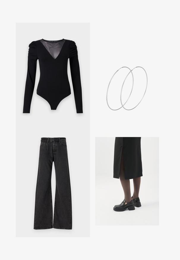 Melnā bodija ar garām piedurknēm, piedāvā ar caurspīdīgu V-veida kakla izgriezumu un savāktu plecu detaļu. Gluda auduma, ar pieguļošu formu.; Melni plaša kāju džinsi no denima. Iekļauj pogu aizdari, jostu cilpas un divas priekšējās kabatas. Uz auduma redzama smalkā tekstūra.; Melni ādas apavi ar noapaļotu purngalu, biezām bloku papēžiem un elastīgiem sānu akcentiem, apvienoti ar tumšām zeķubiksēm un melnu svārku ar šķirbu.; Sudraba gredzenveida auskari ar minimālistisku dizainu. Cirkulāra forma, gluda tekstūra un plāns profils. Vieglu svaru ar spīdīgu apdari.