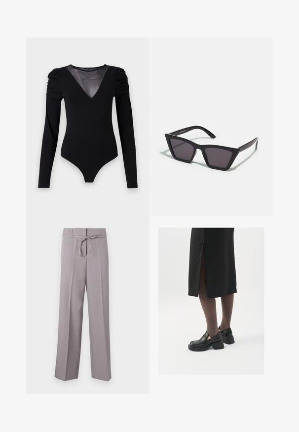 Schwarzer Body mit langen Ärmeln, ausgestattet mit einem Mesh-V-Ausschnitt und gerafften Schultern. Glattes Material mit taillierter Passform.; Hellgraue, weit geschnittene Hose mit weicher Textur, ausgestattet mit einem Kordelzugbund und Bügelfalten für eine strukturierte Passform.; Schwarze Lederschuhe mit abgerundetem Zeh, dicker Blockabsatz und elastischen seitlichen Akzenten, kombiniert mit dunklen Strumpfhosen und einem schwarzen Rock mit Schlitz.; Schwarze, eckige Sonnenbrille mit grauen Gläsern; aus Kunststoff gefertigt, mit dicken Bügeln, die eine glatte Oberfläche und keine sichtbaren Beschläge haben.; Silberne Creolen mit minimalistischem Design. Rundform, glatte Oberfläche und dünnes Profil. Leichtgewichtig mit hochglänzender Oberfläche.