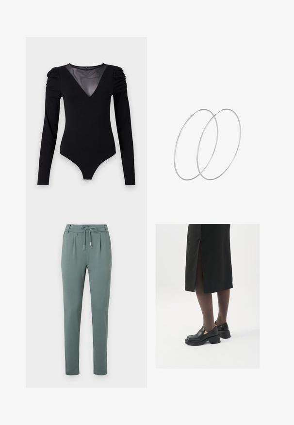 Crni bodysuit dugih rukava s mrežastim V-izrezom i naborima na ramenima. Glatka tkanina s prilagođenim oblikom.; Sivezno-zeleni hlače od mekog materijala, s pojasom na špagu, naborima sprijeda i ravnim nogavicama s elastičnim rubovima.; Crne kožne cipele s zaobljenim vrhom, debelim blok petama i elastičnim bočnim detaljima, uparene s tamnim čarapama i crnom suknjom s prorezom.; Srebrne okrugle naušnice s minimalističkim dizajnom. Kružni oblik, glatka tekstura i tanak profil. Lagane s poliranim završetkom.