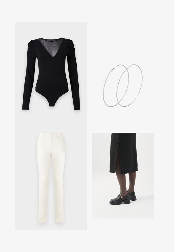 Crni bodysuit dugih rukava s mrežastim V-izrezom i naborima na ramenima. Glatka tkanina s prilagođenim oblikom.; Bijele traperice s ravnim nogavicama, visokim strukom, prednjim džepovima i jednim kopčanjem na dugme. Glatka tekstura, minimalni detalji šivanja.; Crne kožne cipele s zaobljenim vrhom, debelim blok petama i elastičnim bočnim detaljima, uparene s tamnim čarapama i crnom suknjom s prorezom.; Srebrne okrugle naušnice s minimalističkim dizajnom. Kružni oblik, glatka tekstura i tanak profil. Lagane s poliranim završetkom.
