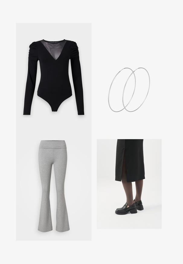 Musta body, jossa on pitkät hihat, verkko V-aukko ja rypytetty olkapäädetalji. Silkkinen kangas, joka muotoilee vartalon.; Harmaat muotoutuvat leggingsit, jotka on valmistettu pehmeästä puuvillasekoitekankaasta. Niissä on leveä vyötärö, ja ne tarjoavat sileän tekstuurin ja rentoon istuvuuden.; Mustat nahkakengät pyöreällä kärjellä, paksulla lohkopohjalla ja joustavilla sivuakkesseilla, yhdistettynä tummiin sukkahousuihin ja mustaan hameeseen, jossa on halkio.; Hopehope hopeilla, joissa on minimalistinen muotoilu. Pyöreä muoto, sileä pinta ja ohut profiili. Kevyet ja kiillotetut.