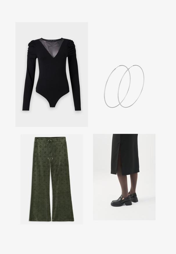 Melnā bodija ar garām piedurknēm, piedāvā ar caurspīdīgu V-veida kakla izgriezumu un savāktu plecu detaļu. Gluda auduma, ar pieguļošu formu.; Zaļi samta bikses ar izplestu formu, ar visapkārtēju rakstu, kas ietver kroņus, ķirsīšus, sirdis un logotipu, ar aukliņu viduklī.; Melni ādas apavi ar noapaļotu purngalu, biezām bloku papēžiem un elastīgiem sānu akcentiem, apvienoti ar tumšām zeķubiksēm un melnu svārku ar šķirbu.; Sudraba gredzenveida auskari ar minimālistisku dizainu. Cirkulāra forma, gluda tekstūra un plāns profils. Vieglu svaru ar spīdīgu apdari.