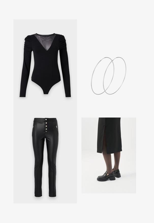 Črno bodi s dolgimi rokavi, z mrežastim V-izrezom in nabranimi rameni. Gladek material z oblikovanim krojem.; Črne hlače iz umetnega usnja z visoko pasom, petimi kovinskimi gumbi, žepi z zadrgo na straneh in prilegajočim se krojem. Imajo opazne šive.; Črne usnjene čevlje s zaobljenim prstom, debelim blokastim petama in elastičnimi stranskimi detajli, v kombinaciji s temno nogavicami in črno krilo z razporkom.; Srebrne uhane v obliki obroča z minimalističnim dizajnom. Krožna oblika, gladka tekstura in tanek profil. Lahki s poliranim zaključkom.