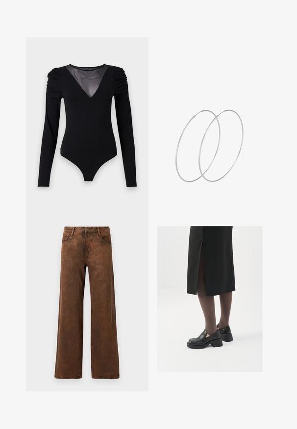 Crni bodysuit dugih rukava s mrežastim V-izrezom i naborima na ramenima. Glatka tkanina s prilagođenim oblikom.; Smeđa široka traper hlače s teksturiranim završetkom, zatvaranjem na gumb i patentni zatvarač, te dva prednja džepa.; Crne kožne cipele s zaobljenim vrhom, debelim blok petama i elastičnim bočnim detaljima, uparene s tamnim čarapama i crnom suknjom s prorezom.; Srebrne okrugle naušnice s minimalističkim dizajnom. Kružni oblik, glatka tekstura i tanak profil. Lagane s poliranim završetkom.