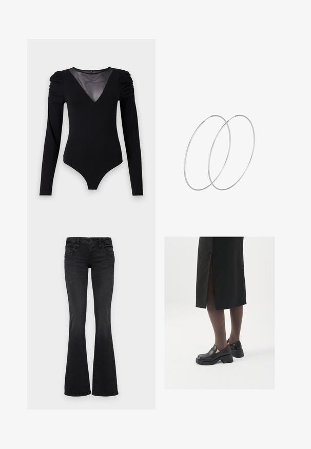 Bodysuit negro de manga larga, con un escote en V de malla y detalle fruncido en los hombros. Tejido suave con una forma ajustada.; Jeans de mezclilla negra con ligero desgaste, bolsillos delanteros y traseros, cierre de botón y diseño de pierna acampanada.; Zapatos de piel negra con punta redondeada, tacón grueso y bloque, y acentos elásticos en los laterales, combinados con unos pantys oscuros y una falda negra con una abertura.; Pendientes de aro plateados con un diseño minimalista. Forma circular, textura suave y perfil delgado. Livianos con un acabado pulido.