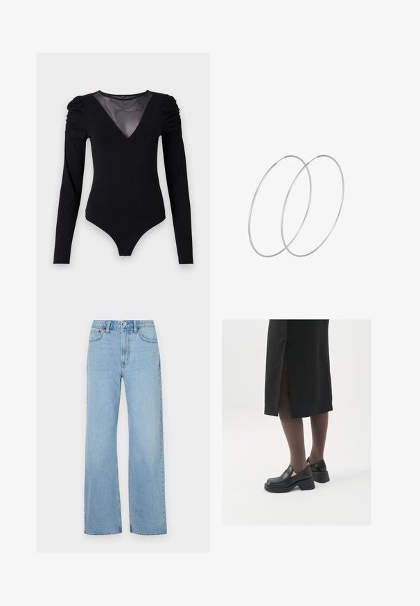 Sort bodysuit med lange ærmer, der har en mesh V-halsudskæring og samlet skulderdetalje. Glat stof med en tætsiddende form.; Abercrombie & Fitch Curve Love High Rise 90s Relaxed Jean - Wide leg - med/light; Sorte lædersko med rund tå, kraftig blokhæl og elastiske sideaccentuer, parret med mørke strømpebukser og en sort nederdel med slids.; Sølvøreringe med et minimalistisk design. Cirkulær form, glat tekstur og tynd profil. Letvægtige med en poleret overflade.