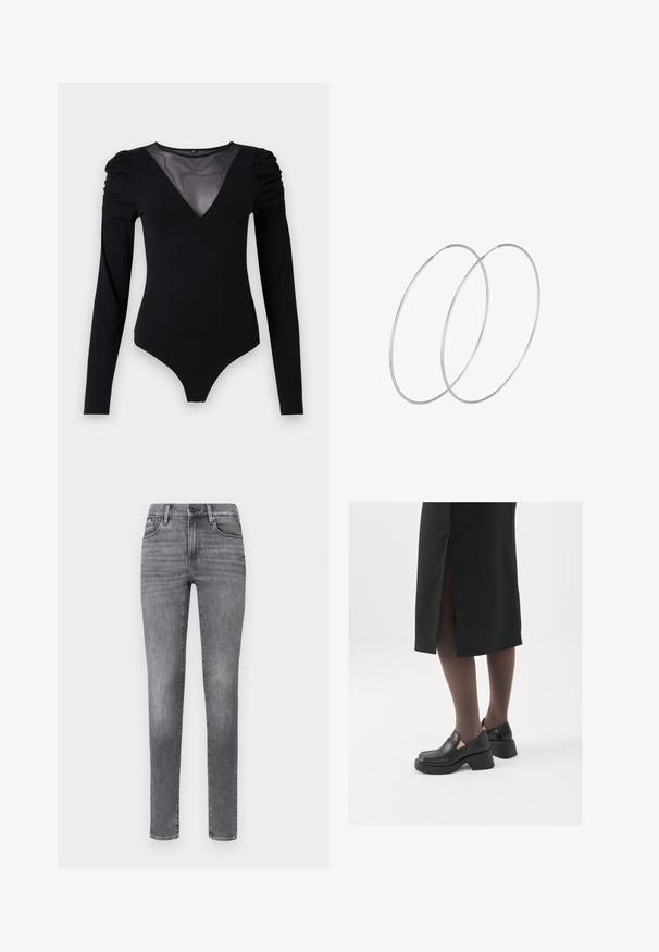 Musternahkade pikkade varrukatega must bodi, millel on läbipaistev V-kujuline kaelus ja korraldatud õlavarre detail. Sile kangas, millel on vormiv kujundus.; Hallist denimist valmistatud kitsas lõikes teksad, millel on viis taskut, nööbiväli, peened kulumise jäljed ja sile tekstuur.; Mustad mustad jalatsid ümmarguse varbaga, paksu plokkniidi ja elastsete külgdetailidega, kombineeritud tumedate sukkade ja musta lõhikuga seelikuga.; Hõbedased rõngastikkaehingad minimalistlikus disainis. Ümar kuju, sile tekstuur ja õhuke profiil. Kerged ning poleeritud viimistlusega.