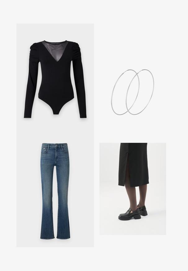 Bodysuit negro de manga larga, con un escote en V de malla y detalle fruncido en los hombros. Tejido suave con una forma ajustada.; Jeans de campana azul oscuro hechos de denim, con cintura alta, un solo botón delantero y un ligero desgaste a lo largo de las piernas.; Zapatos de piel negra con punta redondeada, tacón grueso y bloque, y acentos elásticos en los laterales, combinados con unos pantys oscuros y una falda negra con una abertura.; Pendientes de aro plateados con un diseño minimalista. Forma circular, textura suave y perfil delgado. Livianos con un acabado pulido.