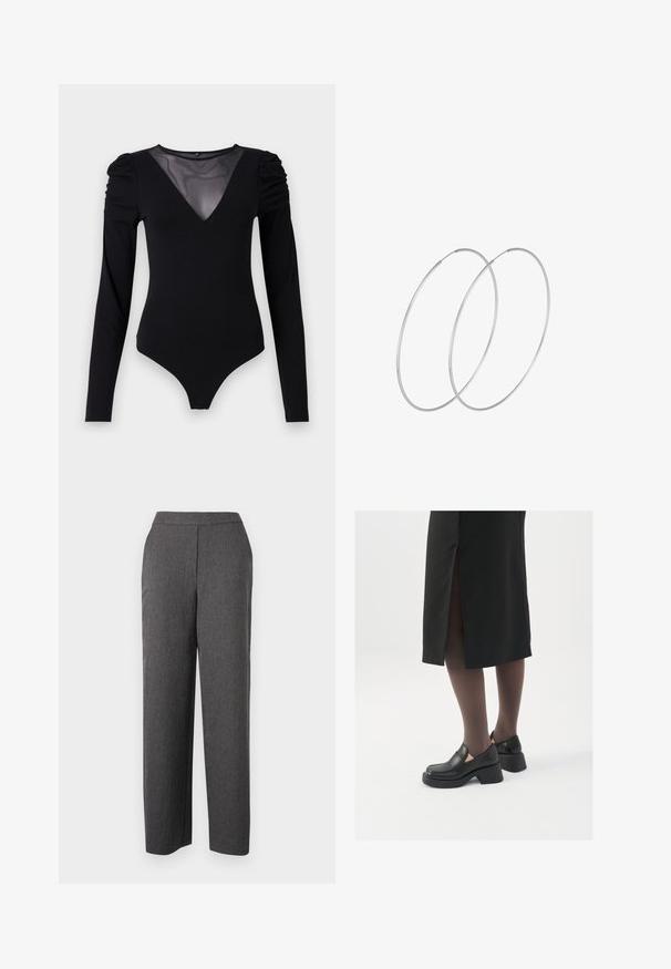Zwarte bodysuit met lange mouwen, voorzien van een mesh V-halslijn en geplooide schouderdetails. Glad fabric met een aansluitende pasvorm.; Grijze broek gemaakt van textiel met een gestructureerde stof en een rechte pasvorm, met een gladde tailleband en zonder zichtbare zakken.; Zwarte leren schoenen met een ronde neus, dikke blokhak en elastische zijkanten, gecombineerd met donkere panty's en een zwarte rok met een split.; Zilveren hoepel oorbellen met een minimalistisch ontwerp. Cirkelvormig, gladde textuur en dun profiel. Lichtgewicht met een gepolijste afwerking.