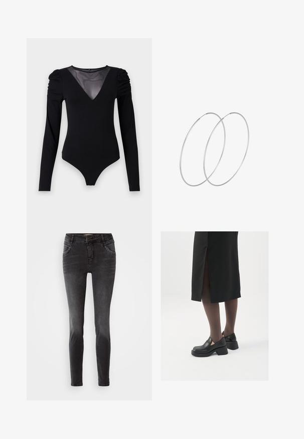 Bodysuit negro de manga larga, con un escote en V de malla y detalle fruncido en los hombros. Tejido suave con una forma ajustada.; Jeans skinny negros de denim, con cierre delantero de botón, detalles de tachuelas en los bolsillos y una textura suave.; Zapatos de piel negra con punta redondeada, tacón grueso y bloque, y acentos elásticos en los laterales, combinados con unos pantys oscuros y una falda negra con una abertura.; Pendientes de aro plateados con un diseño minimalista. Forma circular, textura suave y perfil delgado. Livianos con un acabado pulido.