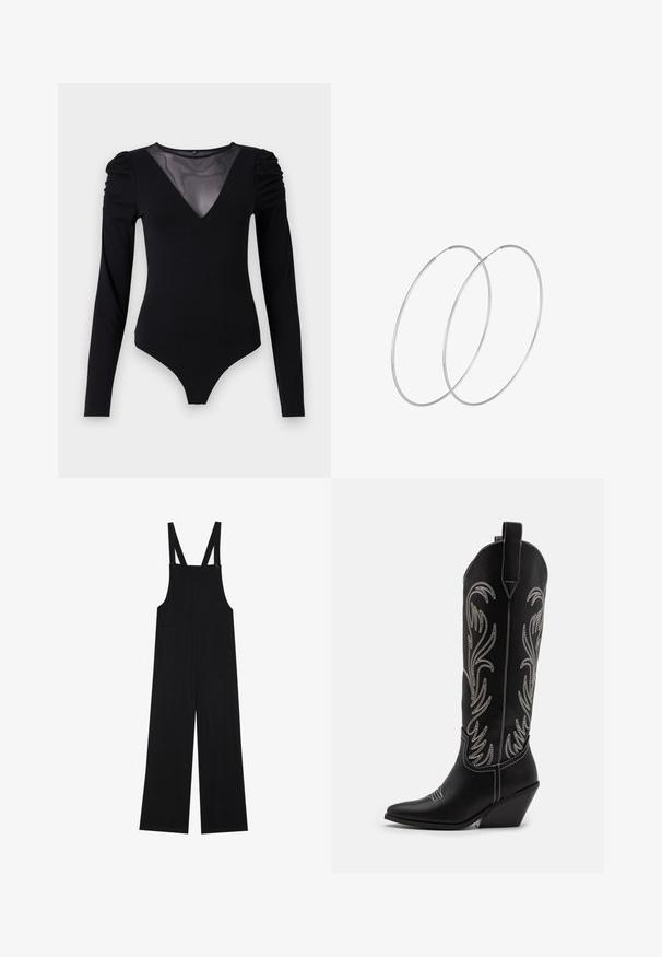 Black bodysuit with long sleeves, featuring a mesh V-neckline and gathered shoulder detail. Smooth fabric with a fitted shape.; Black overalls made of soft fabric, featuring wide legs, two front pockets, and adjustable shoulder straps with button hardware.; Black leather cowboy boots with pointed toes, wedge heels, and silver embroidered floral patterns along the shaft. Contrast stitching throughout.; Silver hoop earrings with a minimalist design. Circular shape, smooth texture, and thin profile. Lightweight with a polished finish.