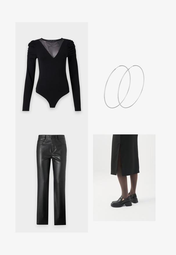 Melnā bodija ar garām piedurknēm, piedāvā ar caurspīdīgu V-veida kakla izgriezumu un savāktu plecu detaļu. Gluda auduma, ar pieguļošu formu.; Melni ādas bikses ar taisnas kājas dizainu, apveltītas ar priekšējām kabatām, pogu aizdari un gludu, spīdīgu tekstūru.; Melni ādas apavi ar noapaļotu purngalu, biezām bloku papēžiem un elastīgiem sānu akcentiem, apvienoti ar tumšām zeķubiksēm un melnu svārku ar šķirbu.; Sudraba gredzenveida auskari ar minimālistisku dizainu. Cirkulāra forma, gluda tekstūra un plāns profils. Vieglu svaru ar spīdīgu apdari.